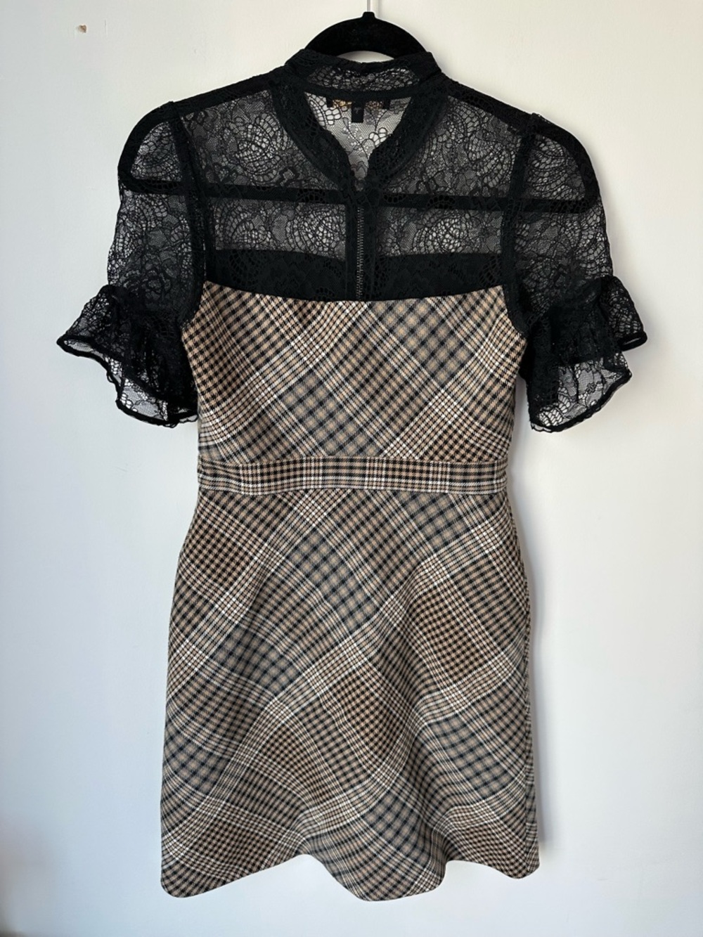 Maje Plaid Zip-Front Mini Dress with Black Lace Yoke - Picture 3 of 8